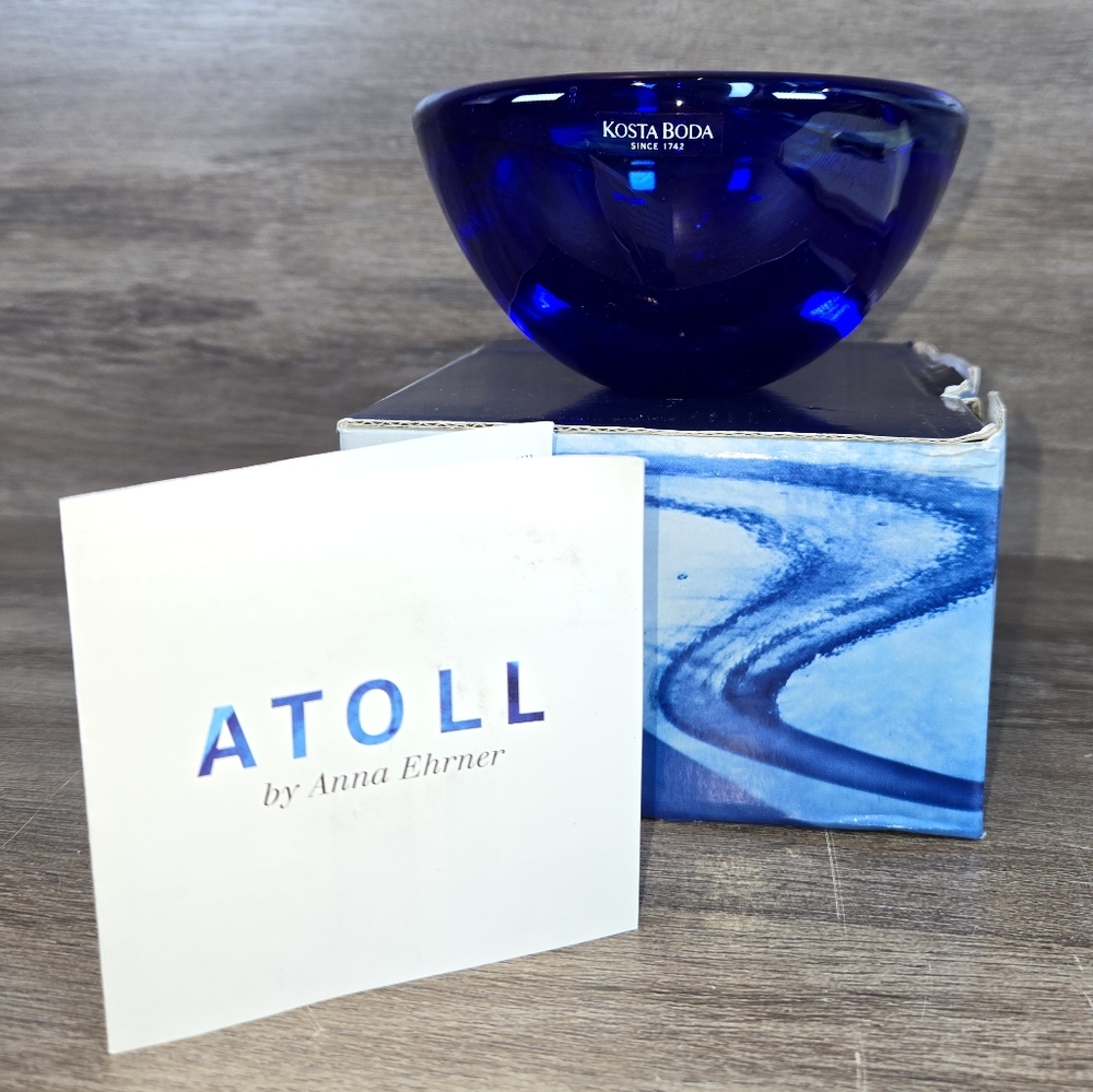 Kosta Boda Atoll Art Glass Crystal Cobalt Blue Swirl Votive Holder Candle Sweden